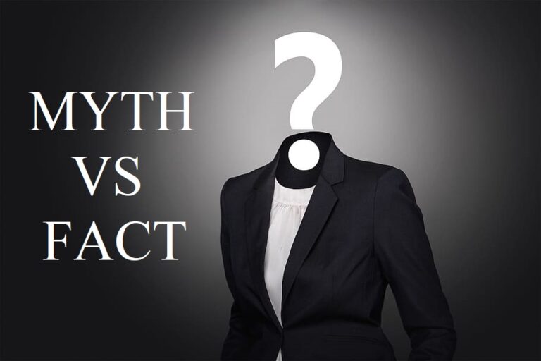 a question mark in place of woman's head to signify the confusion between myth and fact in sales
