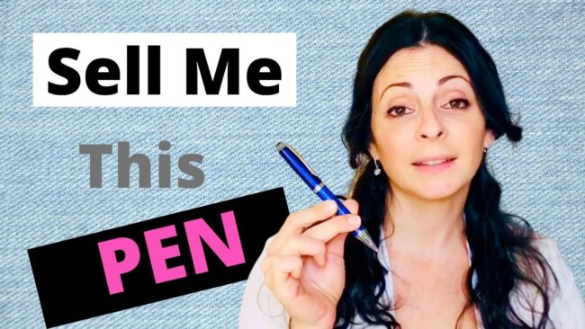 Muna showing a pen with the caption sell me this pen